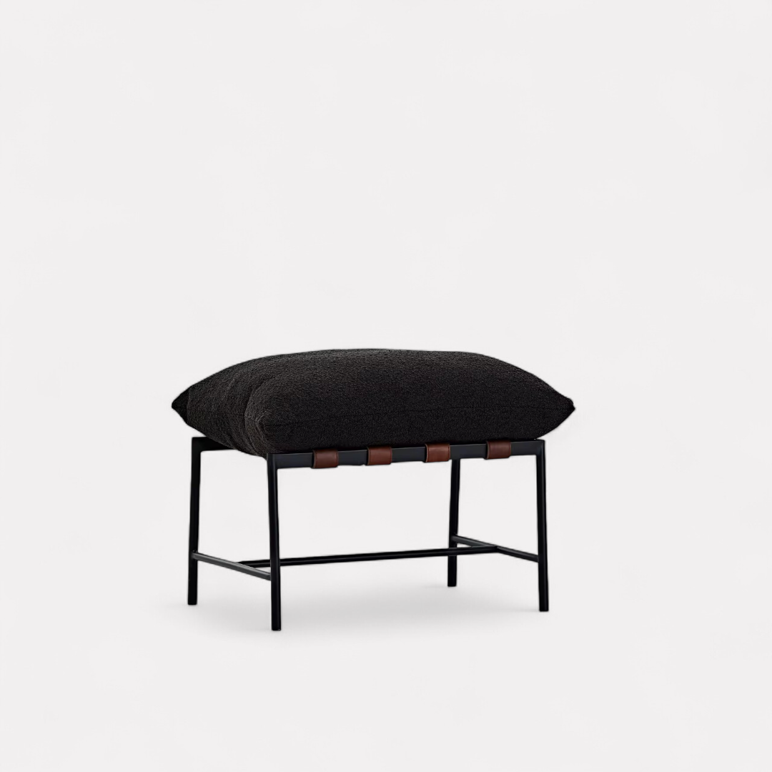 Vera, Steel & Leather Lounge Chair Foot Stool in Boucle Black, 24”L x 17”W x 14”H