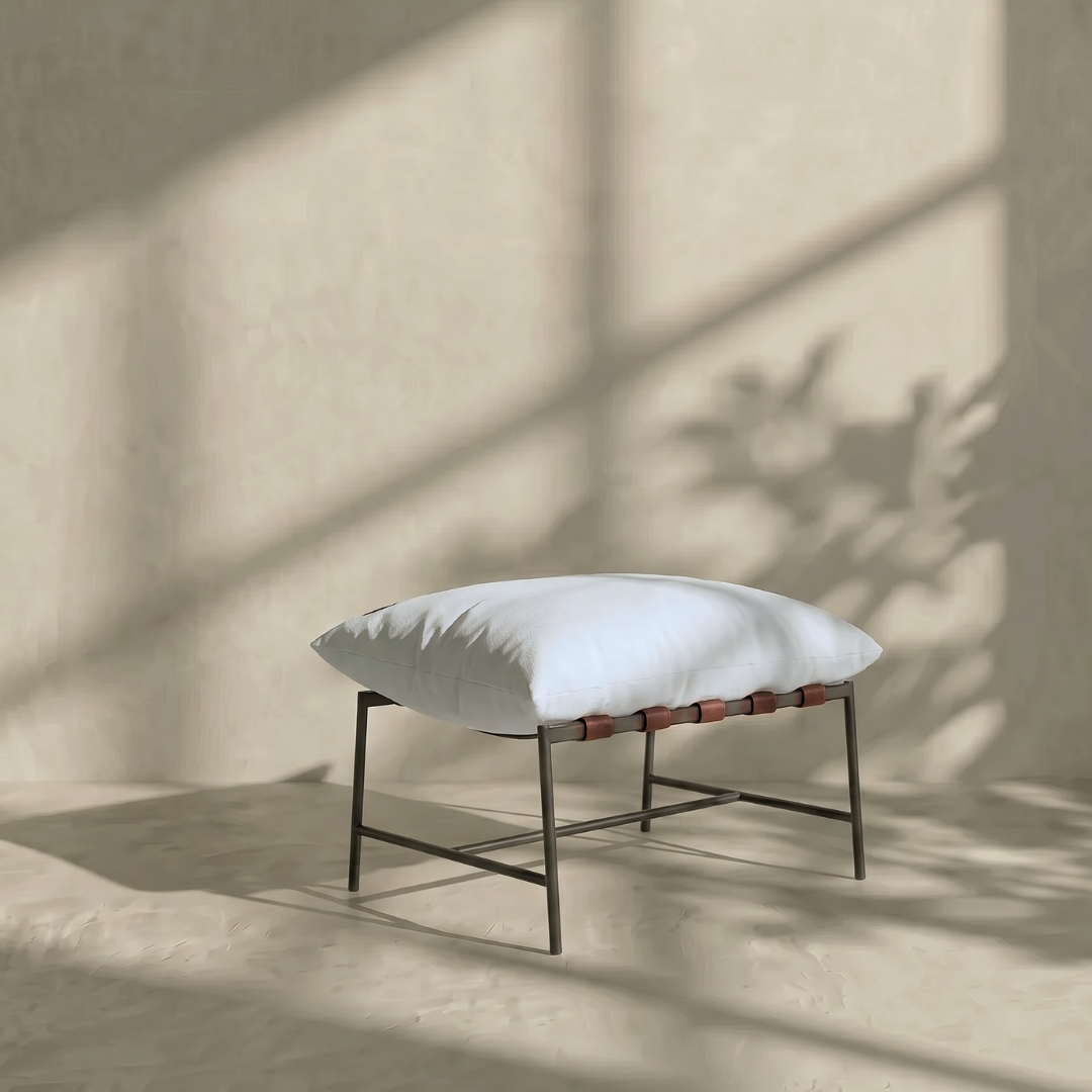 Vera, Steel & Leather Lounge Chair Foot Stool in White, 24”L x 17”W x 14”H