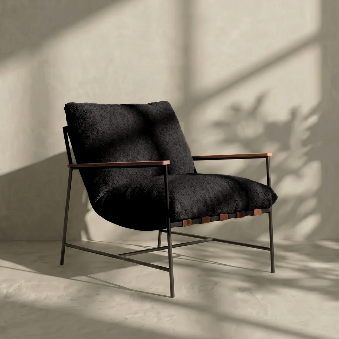 Vera, Steel & Leather Oversized Lounge Chair in Boucle Black, 33”L x 41”W x 34”H
