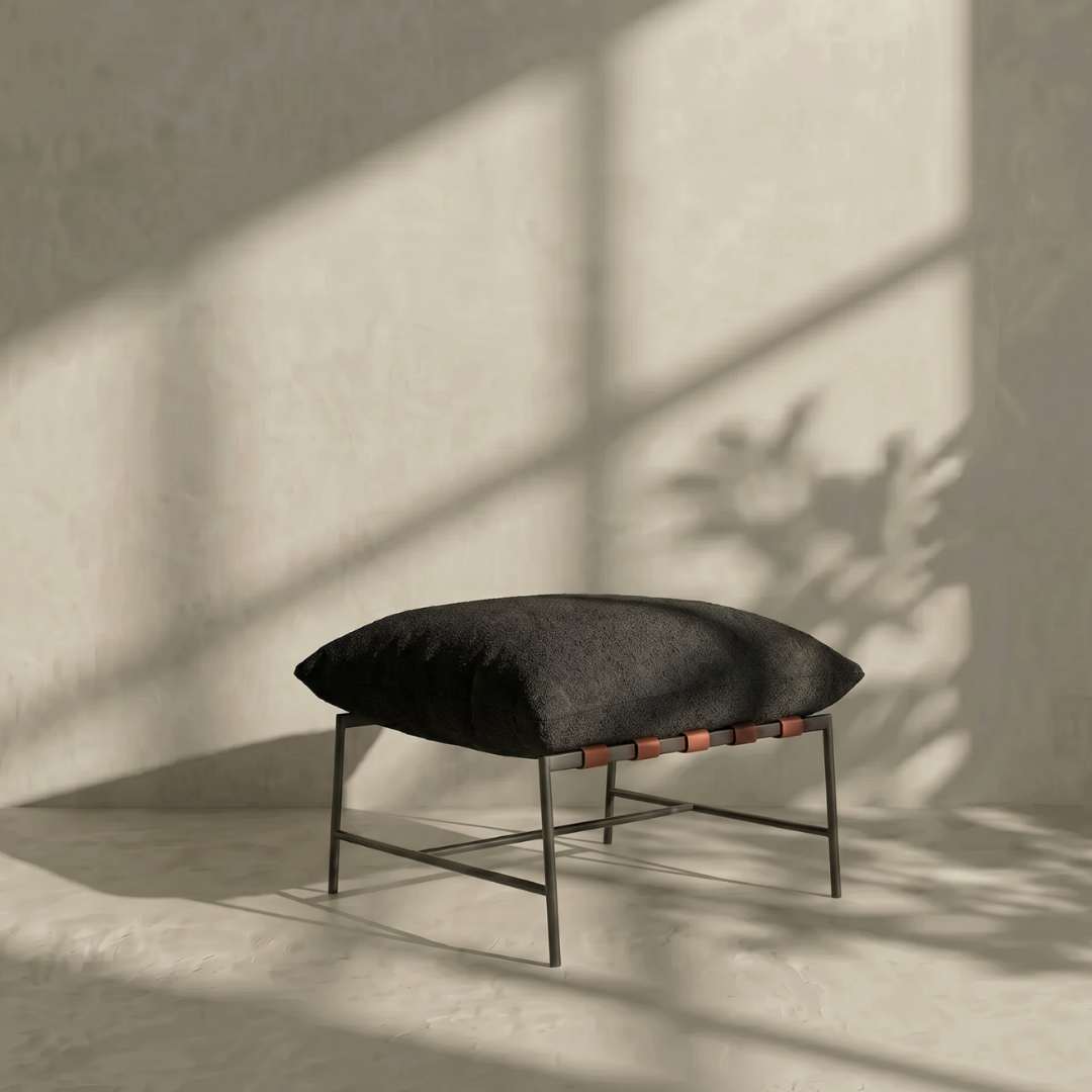 Vera, Steel & Leather Lounge Chair Foot Stool in Boucle Black, 24”L x 17”W x 14”H