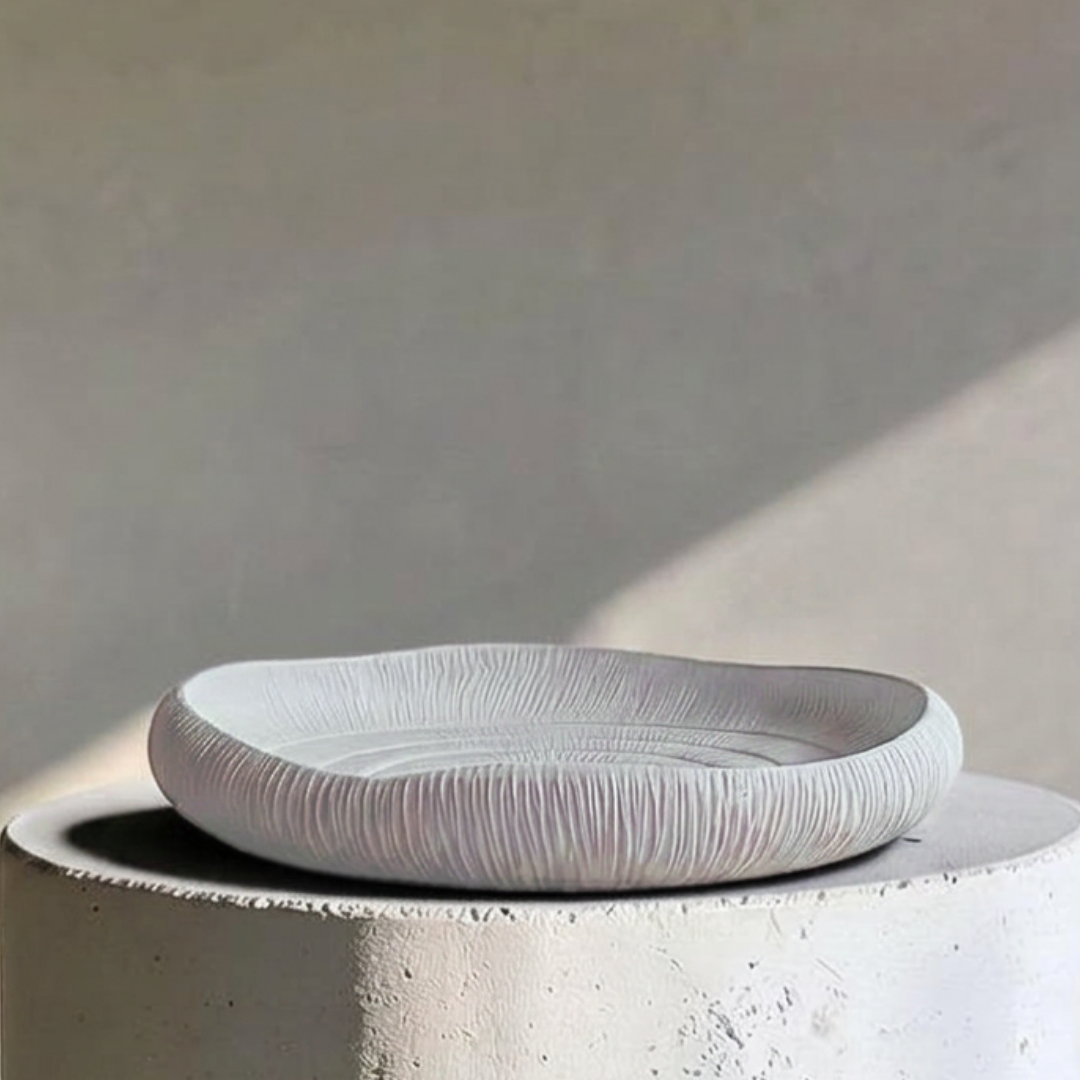Zephyr Serving Tray, Artisan Cement Display Piece Hand-painted in White Dove, 14.1"D x 2.3"H