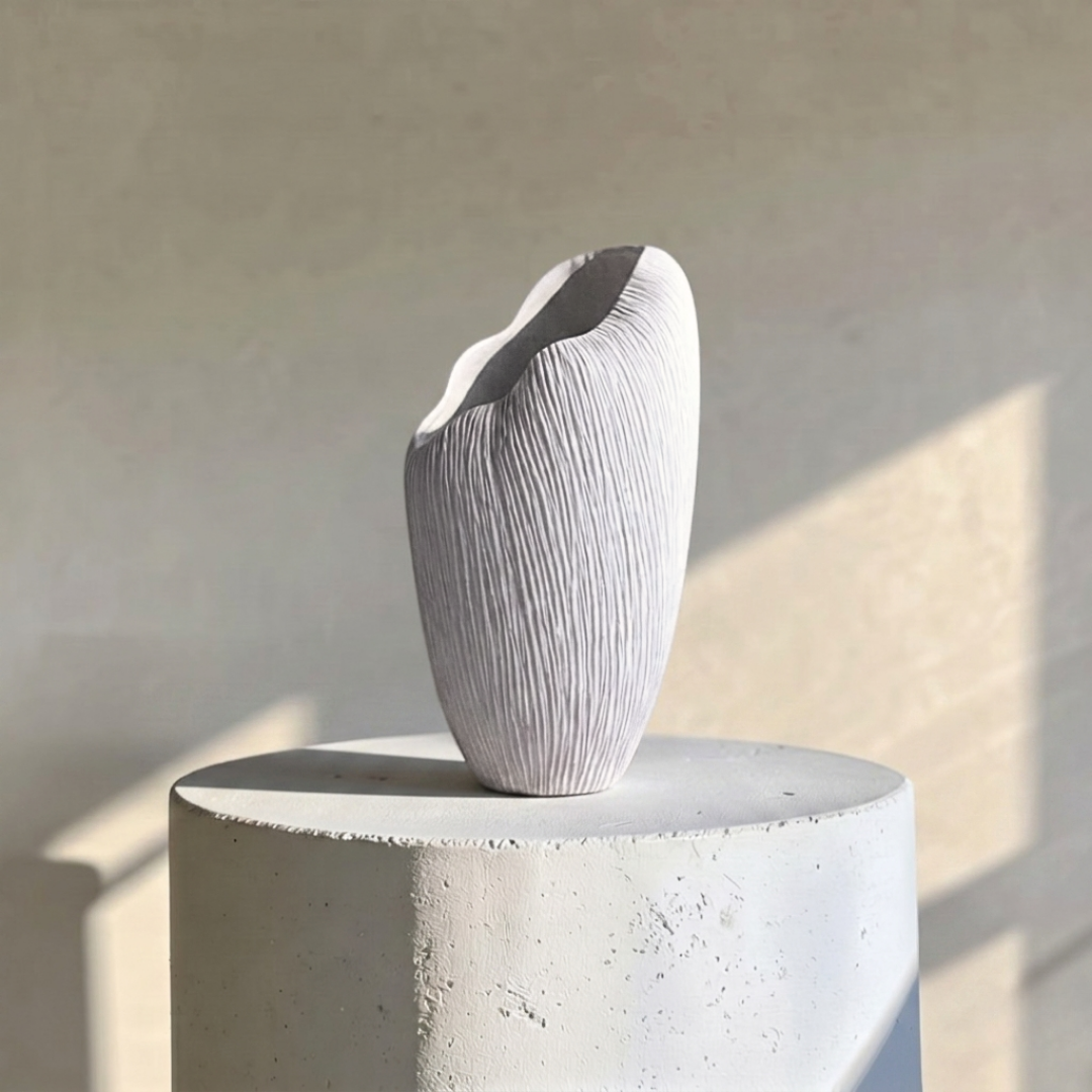 Zephyr Vasque, Artisan Cement Display Piece Hand-painted in White Dove, 8.2"D x 15.7"H