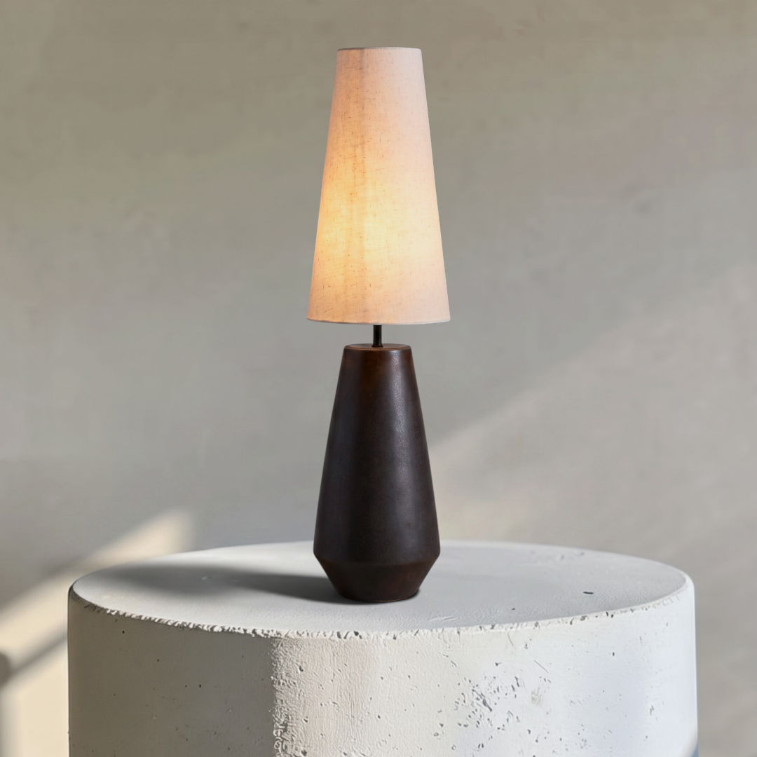 Zyra, Dark Geometric Base Lamp with Winter Glow Textile Shade, 9.8" D x 31.5" H