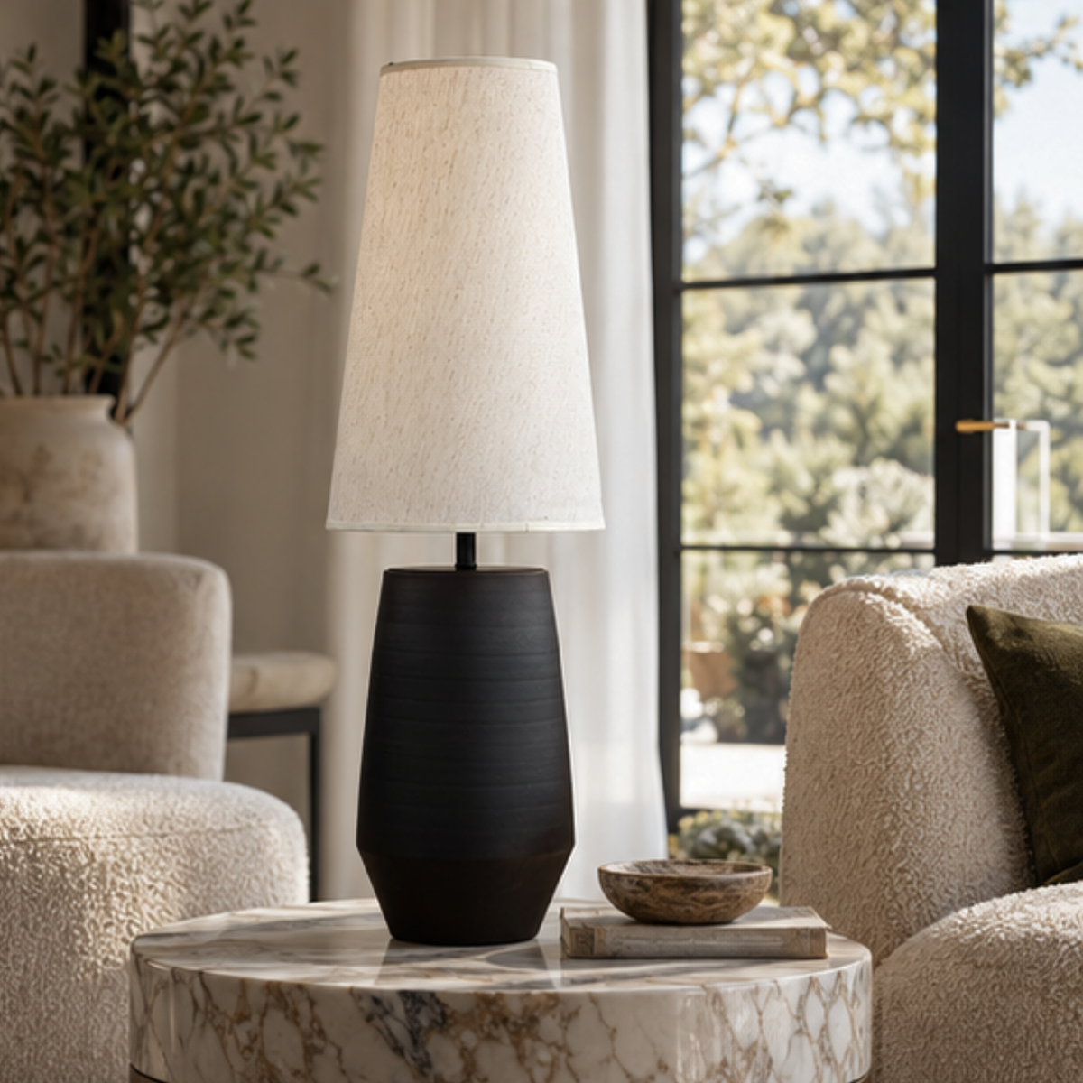 Zyra, Dark Geometric Base Lamp with Winter Glow Textile Shade, 9.8" D x 31.5" H