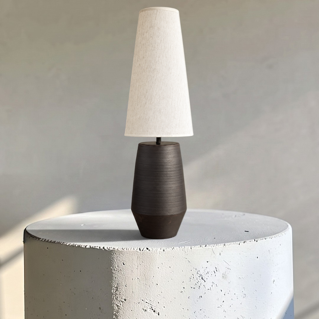Zyra, Dark Geometric Base Lamp with Winter Glow Textile Shade, 9.8" D x 31.5" H