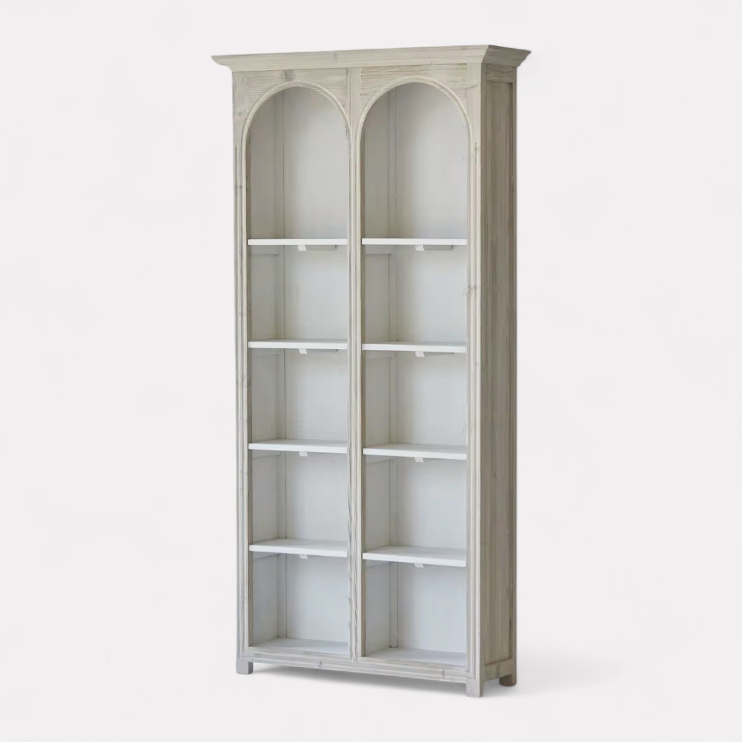 Athis, Double-Arch Recycled Pine, Bookcase/ Display Cabinet in Natural Limewash Finish, 39.5”L x 12”W x 79”H