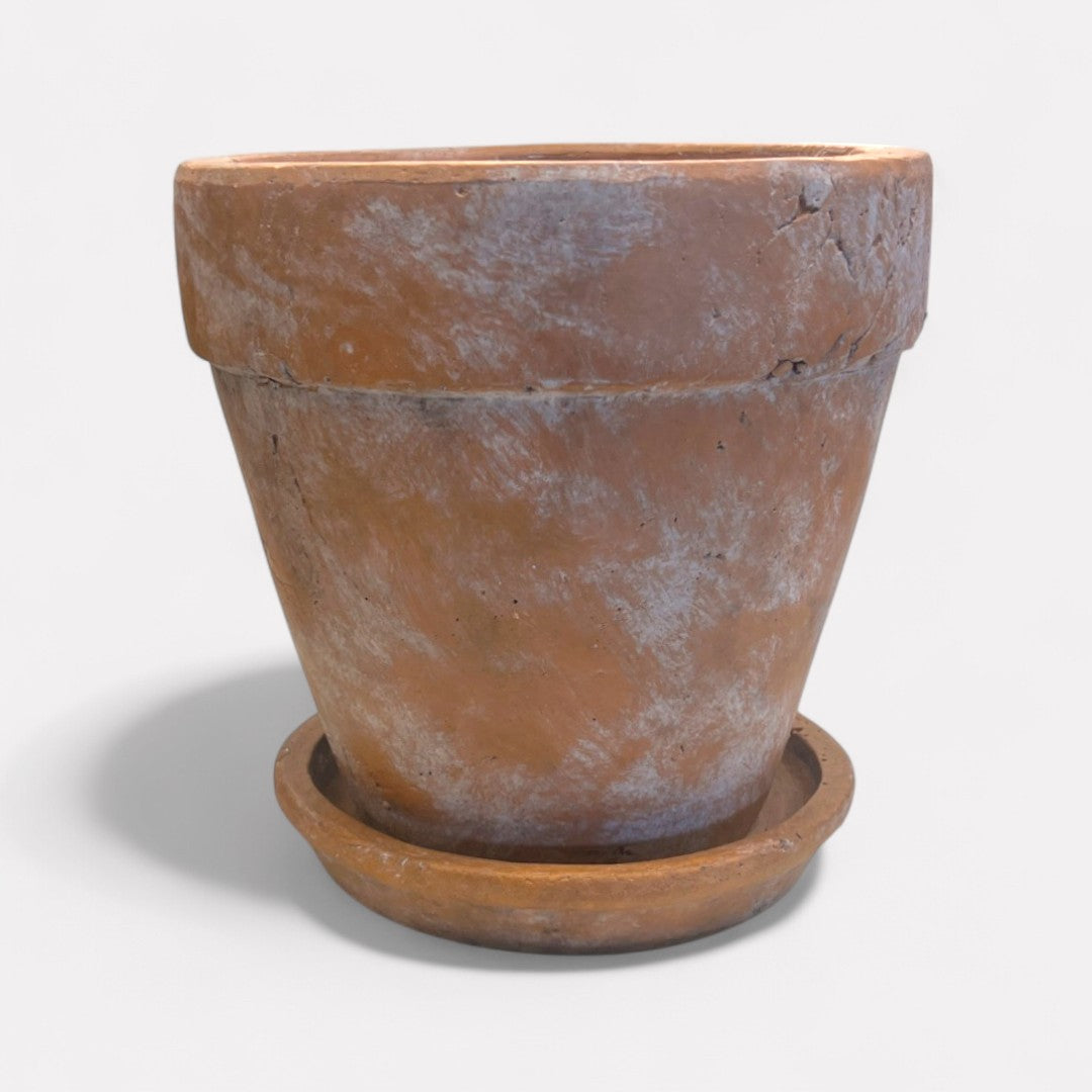 Large Venice Cement Planter with Dish, Handcrafted in Aged Terracotta 8"D x 8"H