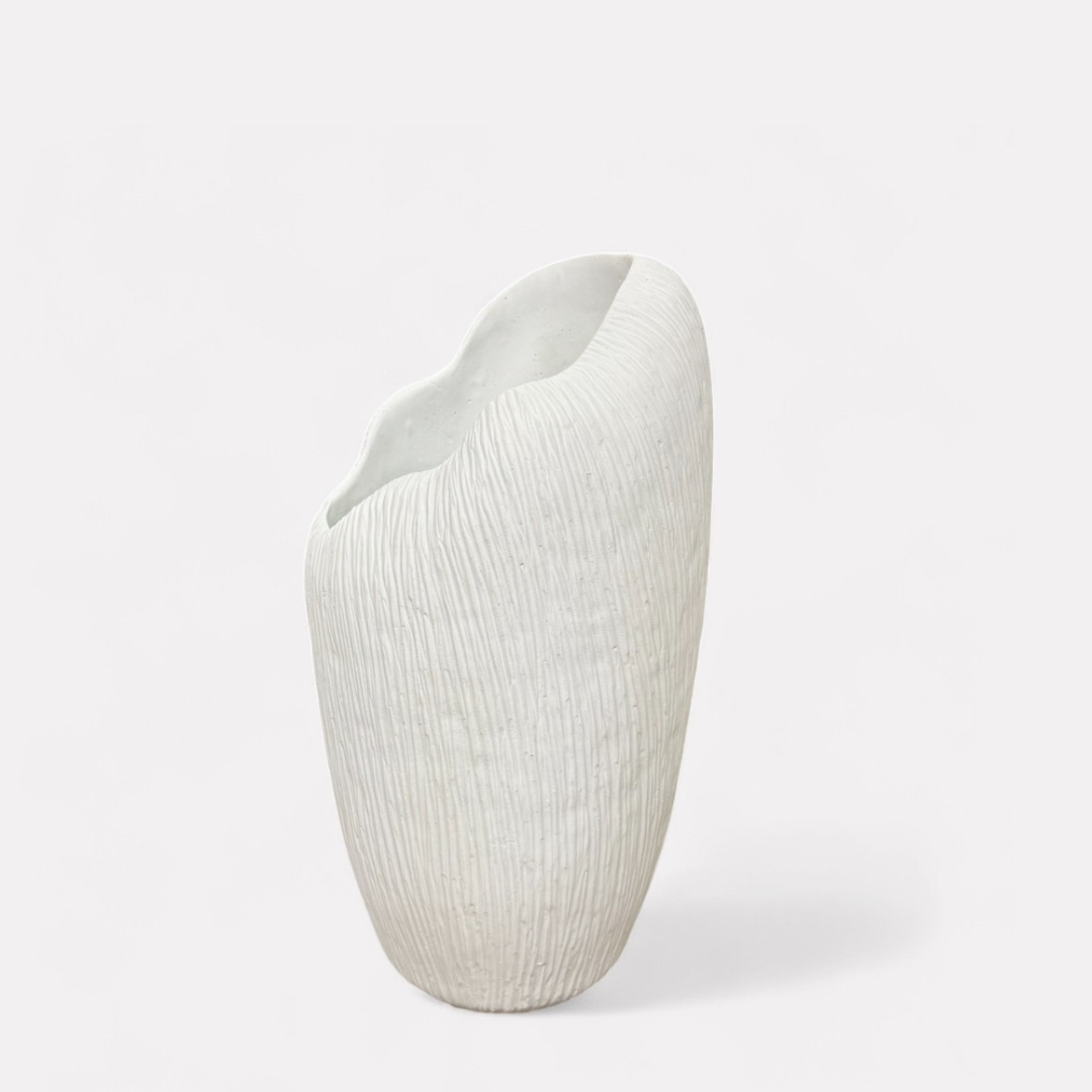 Zephyr Vasque, Artisan Cement Display Piece Hand-painted in White Dove, 8.2"D x 15.7"H