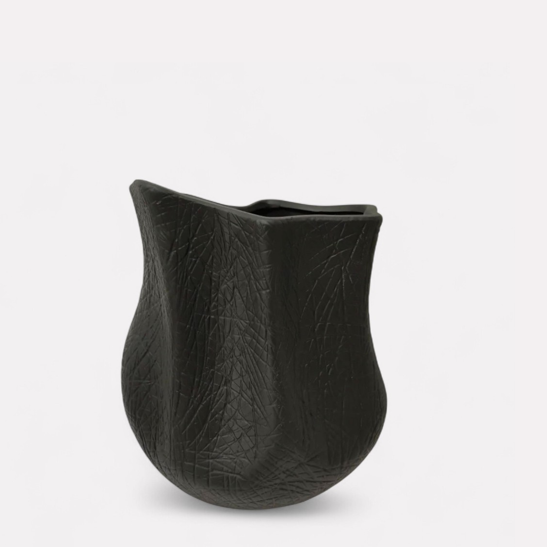 Everest Terracotta Vessel, Hand-painted in Jet Black, 11.4"L x 13.4"H