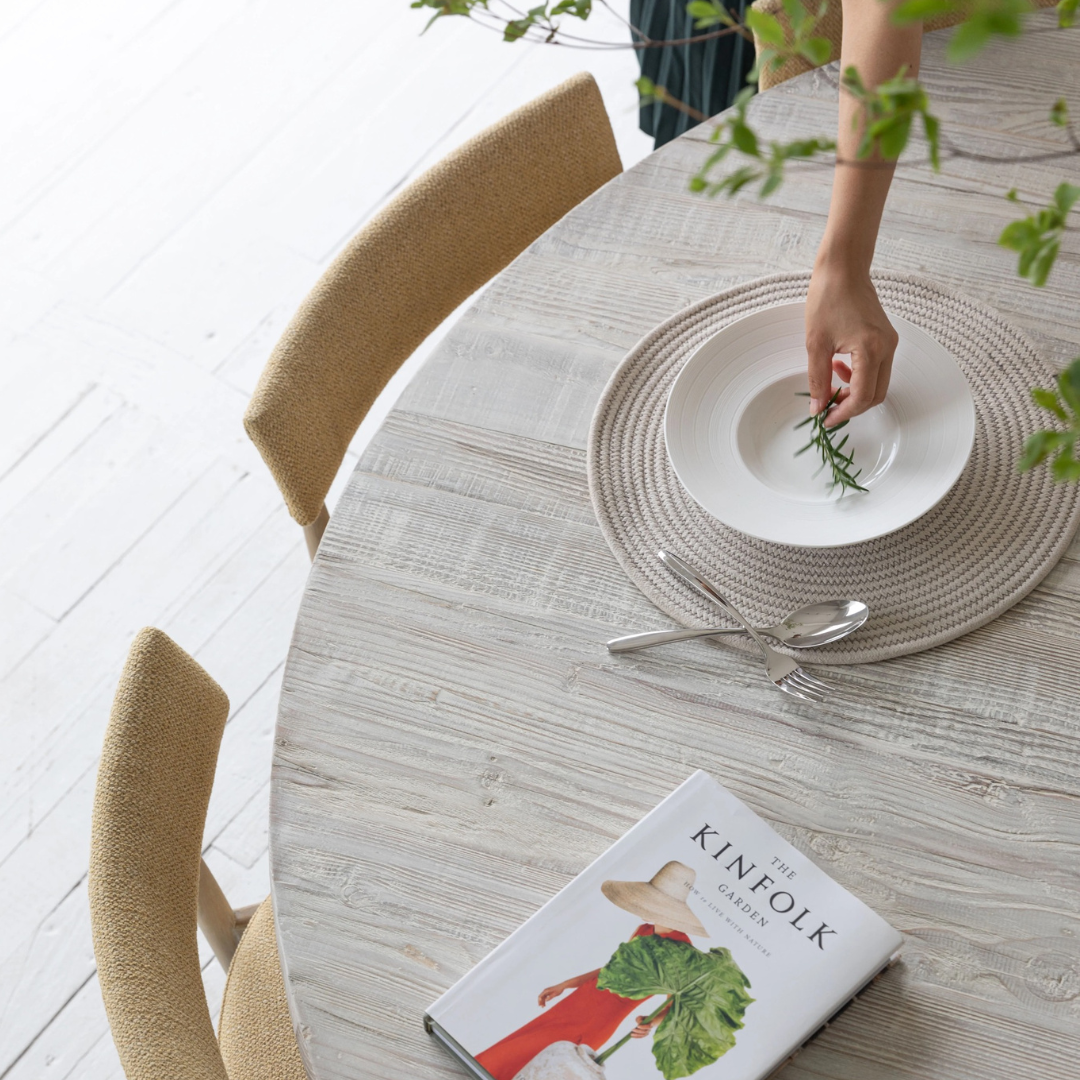 Celestin, White Pine Dining Table in Soft White Limewash Finish, 63”D x 30”H