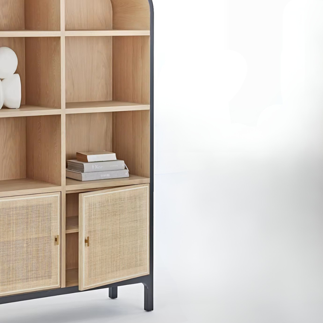 Arke, Oak & Rattan Display Bookcase in Natural Oak, Matte Brushed Black & Rattan Weave 50”L x 16.5”W x 83”H