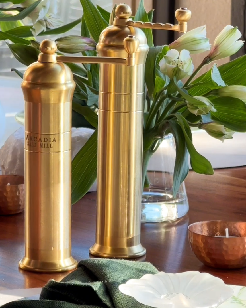 Arcadia, Vintage European Salt & Pepper Mill Set, Solid Polished Brass, Timeless and Elegant Grinders 2.0